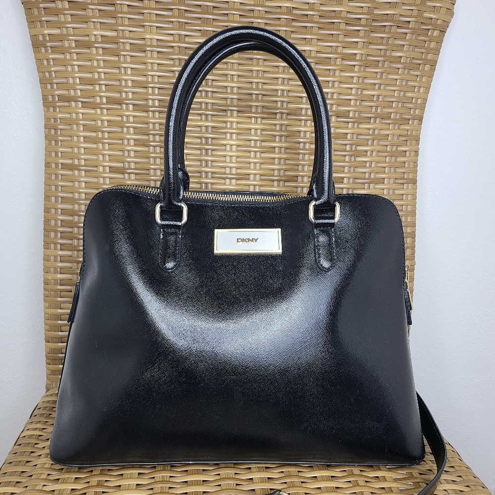 DKNY Bag Satchel Tote Shoulder Strap Handles Shiny Leather Black Gold Hardware - Picture 2 of 16